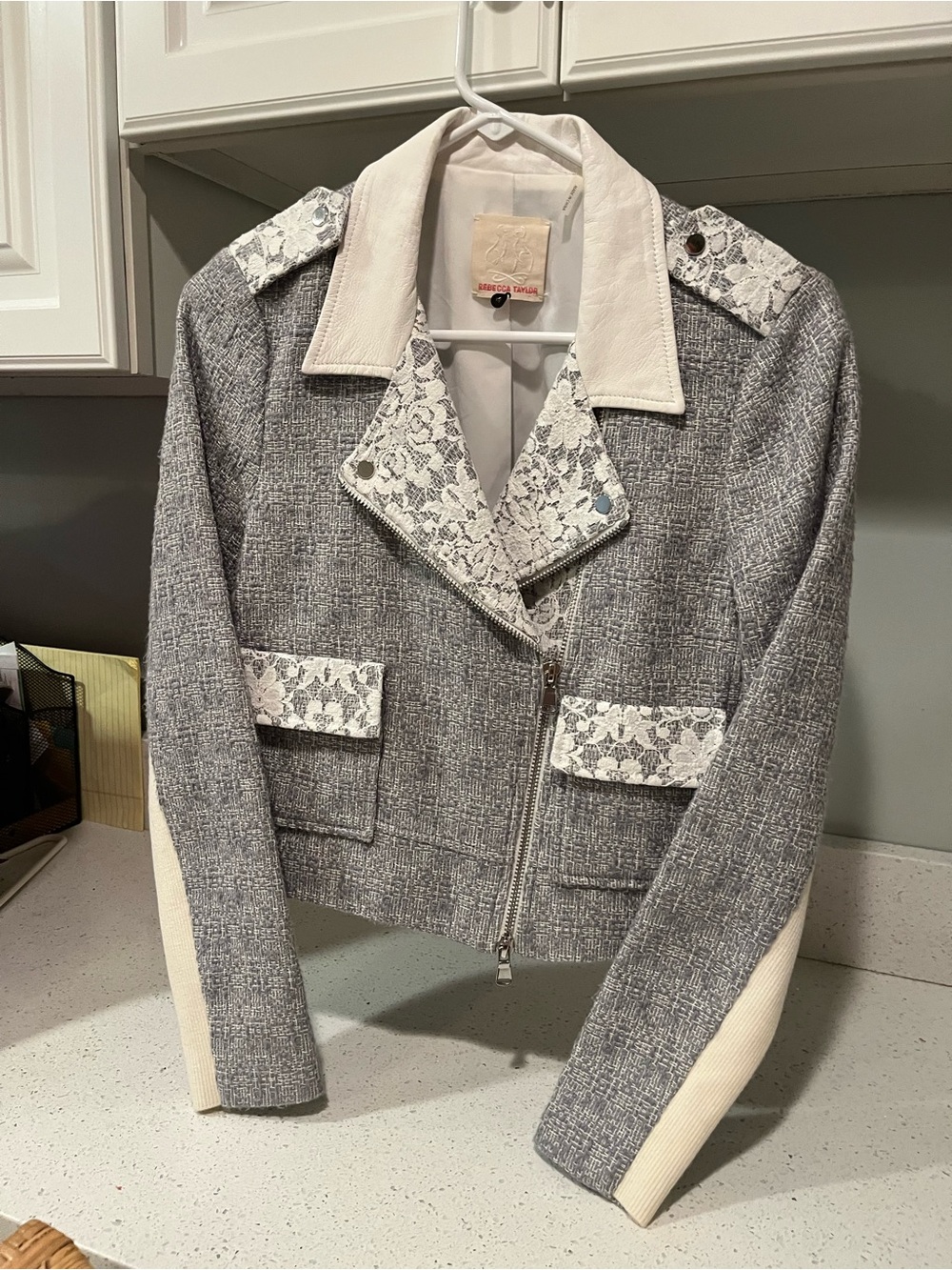 Rebecca Taylor Tweed, Lace & Genuine Leather Moto Jacket, Size M - Picture 3 of 16